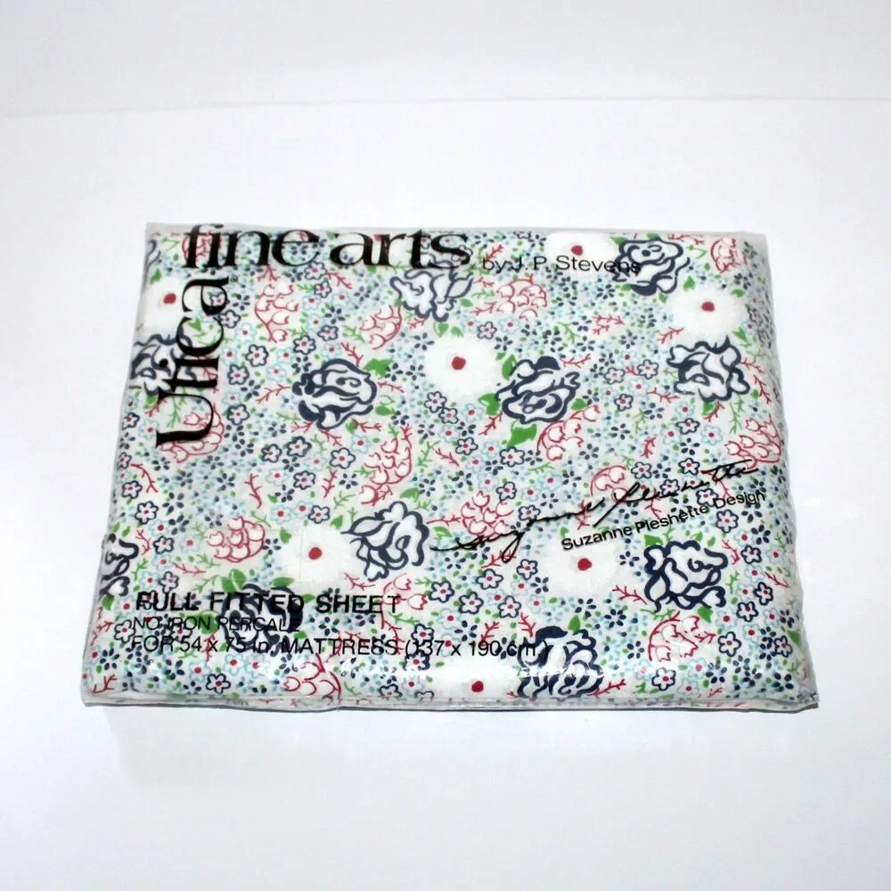 Utica Fine Arts Full Fitted Sheet percale Suzanne Pleshette floral vintage white